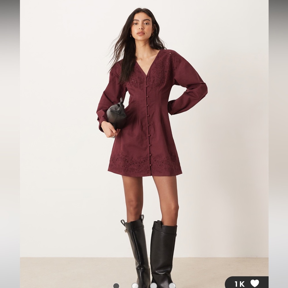 ASOS DESIGN long sleeve cutwork button down mini dress in burgundy